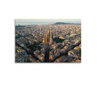 Barcelona Cityscape Poster Sagrada Familia Basilica Panoramic Aerial View, Catalonia Architecture Coastal Mountain Horizon Poster Decorative Painting Canvas Wall Art Picture Print Modern Family Bedroo