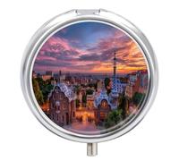 Barcelona from Park Guell Sunset Small Pill Organizer with 3 Compartments Travel Medicine Case Portable Round Vitamin Storage Box