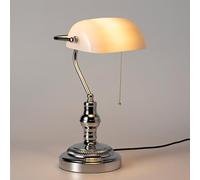 BARCELONA LED lamp in vintage banking style. It has an adjustable arm, white glass shade and chrome base. Equipped with chain switch and E27 luminaire. Ideal for office, office