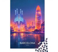 Barcelona Skyline at Dusk Jigsaw Puzzle 1000 Pieces, Old Europe Travel Artwork, Thick Cardboard Pieces, for Home Décor Fans, Gift Idea, 38x26cm/1000pcs