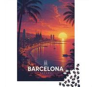 Barcelona Skyline at Sunset 1000 Piece Jigsaw Puzzle, Old Europe Travel Artwork, Decorative Artwork, Matte Printed Jigsaw, Family Night Game for Adults, 70x50cm/1000pcs