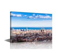 Barcelona Skyline Modern Wall Art Spain House Decorations for Living Room Cityscape Canvas Wall Art Urban Building Panorama Paintings for Bedroom Office Decor Artwork Framed Easy to Hang - 18x12in