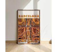 Barcelona Spanish Tiles Art Print, Orange Azulejos Pattern, Wooden Frame Wall Decor