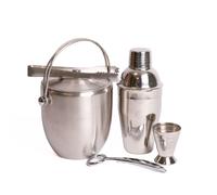 4pc Barware Set including Stainless Steel Ice Bucket with Tongs, Jigger, Bottle Opener and Cocktail Shaker BarCraft Silver One Size