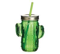 BarCraft Cactus Drinks Jar with Straw Green Glass, 400 ml