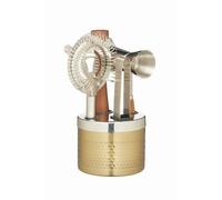 BarCraft Cocktail Tool Kit and Stand, 5 Piece Cocktail Making Set with Strainer, Muddler, Jigger and Tongs, Professional Quality Accessories, in Gift Box - Brass Finish