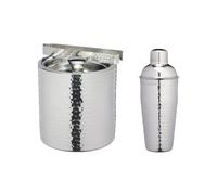 BarCraft Hammered Ice Bucket and Cocktail Shaker Set, Stainless Steel Set with Lid, Tongs and Built-in Strainer for Home and Cocktail Bars, Drinkware Gift Set