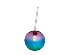 BarCraft Novelty Rainbow Disco Ball Cocktail Cup with Straw, Screw-on Lid