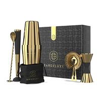 BarDeluxe® Boston Shaker Set 5 Pieces, Bartender Set, Cocktail Mix Set - 750 ml Cocktail Shaker Boston, Cocktail Accessories - Luxury Gift Set, Bag & Recipe Book (Gold)