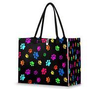 Bardic Women's Canvas Tote Bag,Black Colored Paw Print Doodle Foldable Large Capacity Reusable Grocery Bags Shopping,Durable With Reinforced Handles For Picnic Supermarket Etc., As Pic, One Size