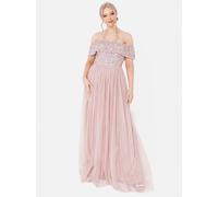 Maya Deluxe Women's Ladies Bardot Dress Maxi Embellished Hight Empire Waist Sleeveless Tulle for Wedding Guest Prom Graduation Bridesmaid, Frosted Pink, 12