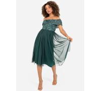 Maya Deluxe Women's Ladies Bardot Dresses Midi High Empire Waist Sequins Embellished Formal Evening for Wedding Guest Bridesmaid, Emerald Green, 16