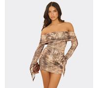 Bardot Fold Over Flared Sleeve Mini Dress In Multi Animal Print, Women's Size UK 12