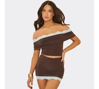 Bardot Lace Trim Top In Chocolate Brown Slinky, Women's Size UK 14