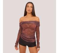 Bardot Long Sleeve Top In Brown Leopard Print Mesh, Women's Size UK 6