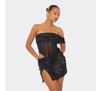 Bardot One Sleeve Mesh Panel Detail Mini Dress In Black Leopard Print, Women's Size UK 6