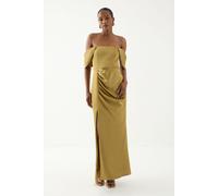 Bardot Ruched Satin Bridesmaid Dress MissPap Olive 6