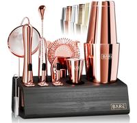 BARE BARREL® Cocktail Making Kit | 14-Piece Bartender Kit Cocktail Shaker Set Maker | Bamboo Display Stand & 35 Recipe Cards | Mixology Cocktail Gift Set (800ml/28oz Boston Shaker, Rose/Black)