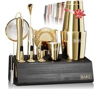 BARE BARREL® Cocktail Making Kit | 14-Piece Bartender Kit Cocktail Shaker Set Maker | Bamboo Display Stand & 35 Recipe Cards | Mixology Cocktail Gift Set (800ml/28oz Boston Shaker, Gold/Black)
