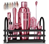 BARE BARREL® Cocktail Making Kit | 14-Piece Bartender Kit Cocktail Shaker Set Maker | Display Stand & 35 Recipe Cards | Mixology Cocktail Gift Set (675ml/24oz Cobbler Shaker, Rose/Black)