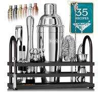BARE BARREL® Cocktail Making Kit | 14-Piece Bartender Kit Cocktail Shaker Set Maker | Display Stand & 35 Recipe Cards | Mixology Cocktail Gift Set (675ml/24oz Cobbler Shaker, Silver/Black)