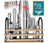 BARE BARREL® Cocktail Making Kit | 14-Piece Bartender Kit Cocktail Shaker Set Maker | Display Stand & 35 Recipe Cards | Mixology Cocktail Gift Set (800ml/28oz Boston Shaker, Silver/Natural)