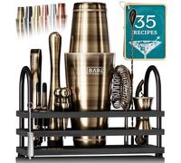 BARE BARREL® Cocktail Making Kit | 14-Piece Bartender Kit Cocktail Shaker Set Maker | Display Stand & 35 Recipe Cards | Mixology Cocktail Gift Set (800ml/28oz Boston Shaker, Brass/Black)