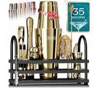 BARE BARREL® Cocktail Making Kit | 14-Piece Bartender Kit Cocktail Shaker Set Maker | Display Stand & 35 Recipe Cards | Mixology Cocktail Gift Set (800ml/28oz Boston Shaker, Gold/Black)