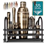 BARE BARREL® Cocktail Making Kit | 14-Piece Bartender Kit Cocktail Shaker Set Maker | Display Stand & 35 Recipe Cards | Mixology Cocktail Gift Set (675ml/24oz Cobbler Shaker, Brass/Black)