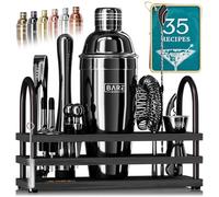 BARE BARREL® Cocktail Making Kit | 14-Piece Bartender Kit Cocktail Shaker Set Maker | Display Stand & 35 Recipe Cards | Mixology Cocktail Gift Set (675ml/24oz Cobbler Shaker, Jet Black/Black)