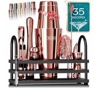 BARE BARREL® Cocktail Making Kit | 14-Piece Bartender Kit Cocktail Shaker Set Maker | Display Stand & 35 Recipe Cards | Mixology Cocktail Gift Set (800ml/28oz Boston Shaker, Rose/Black)