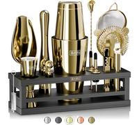 BARE BARREL® Cocktail Making Kit | 16-Piece Bartender Kit Cocktail Shaker Set Maker | Bamboo Display Stand & 35 Recipe Cards | Mixology Cocktail Gift Set (800ml/28oz Boston Shaker, Gold/Black)