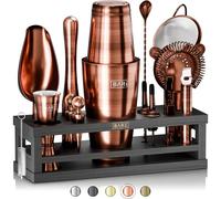 BARE BARREL® Cocktail Making Kit | 16-Piece Bartender Kit Cocktail Shaker Set Maker | Bamboo Display Stand & 35 Recipe Cards | Mixology Cocktail Gift Set (800ml/28oz Boston Shaker, Copper/Black)