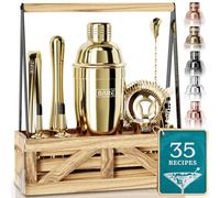 BARE BARREL® Martini Cocktail Making Kit | Bartender Kit Cocktail Shaker Set Maker | Farmhouse Rustic Portable Caddy & 35 Recipe Cards | Mixology Cocktail Gift Set (Gold.)