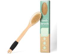 Bare Botanics 17" Dry Brushing Body Brush - Medium Firmness, Natural Color & Silicone Grip - Extra Long Bath Brush for Your Back w/Ergonomic Curved Handle Desig & Hang Rope