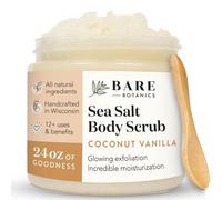 Bare Botanics Coconut Vanilla Body Scrub 24oz | Made in USA | All Natural Sea Salt Scrub w/Skin Loving Moisturizers | Vegan & Cruelty Free | Ready to Gift w/a Cute Wooden Spoon
