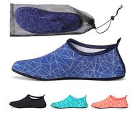 Barefoot Water Shoes - Unisex Breathable Thick Sole Beach Swim Footwear Quick Dry Anti-Slip Lightweight All Age Wearable Prussian Blue with Cracked Ice Mesh Stripes L SW01DBL