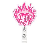 Barely Cried Today Badge Reel Funny Cute Pink Ribbon Workplace Badge Holder with Retractable Alligator Clip for Nursing Student RN LPN CNA MA Medical Worker Teacher Doctor Gifts 2 Inches