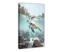 Bareronor Underwater Turtle Canvas Poster Bedroom Decor Landscape Office Room Decor Gift 16" L X 24" W