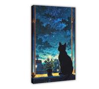 Bareronor Window-Sill Shooting Star Anime Cat Canvas Poster Bedroom Decor Landscape Office Room Decor Gift 20" L X 30" W