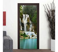 BARFPY 3D Door Stickers for Bedroom Livingroom Children's Room, Wall Decal Self-Adhesive Removable Green Forest Waterfall Scenery Door Murals Vinyl Wallpaper Poster Art Home Decoration 77x200cm
