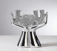 Bargain Brooz Crystal Silver “I L U” Heart on Hand Ornament | Crushed Diamond Diamante Bling Decorative Sculpture (BB-113)