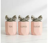 Bargain Brooz Set of 3 Silver Bow Lid Kitchen Canister Jars | Marble Effect Pink Tea Coffee Sugar Canisters | Glamorous Home Decor (Pink BB-44)