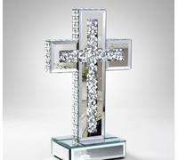 Bargain Brooz Silver Mirrored Cross Wall Decor | Crushed Diamond Crystal Glass Religious Art ornaments | Tabletop or Wall Display (BB-249)