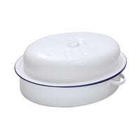 Bargain Crown 26cm White Enamel Oval Roaster Dish with Lid - Heavy-Duty Roasting, Casserole & Baking Pan - Vintage Style with Blue Rim - Self-Basting, Oven to Table Serving