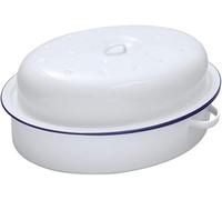 Bargain Crown 36cm White Enamel Oval Roaster Dish with Lid - Large Heavy-Duty Roasting, Baking & Casserole Pan - Vintage Style with Blue Rim - Self-Basting Lid, Oven to Table Serving