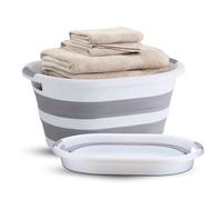 BARGAIN FACTORY 40L Collapsible Plastic Laundry Basket, White & Grey, Foldable Pop Up Storage Container, Space Saving and Portable Organiser/Hamper