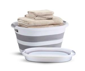 BARGAIN FACTORY 40L Collapsible Plastic Laundry Basket, White & Grey, Foldable Pop Up Storage Container, Space Saving and Portable Organiser/Hamper