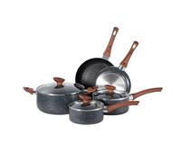BARGAIN FACTORY Non-Stick Pots and Pans Set 8 Pieces, Cookware Set, Induction Compatible, Glass Lids, Wood-Look Handles, Cooking Marble Grey