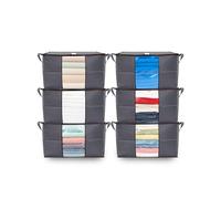 BARGAIN FACTORY Storage Bags, Pack of 6, 90L Large Capacity Grey Fabric Boxes with Lid, Heavy Duty Zip, Clear Window, Reinforced Handles for Clothes, Bedding, Duvet Storage, Modern Style, Stackable